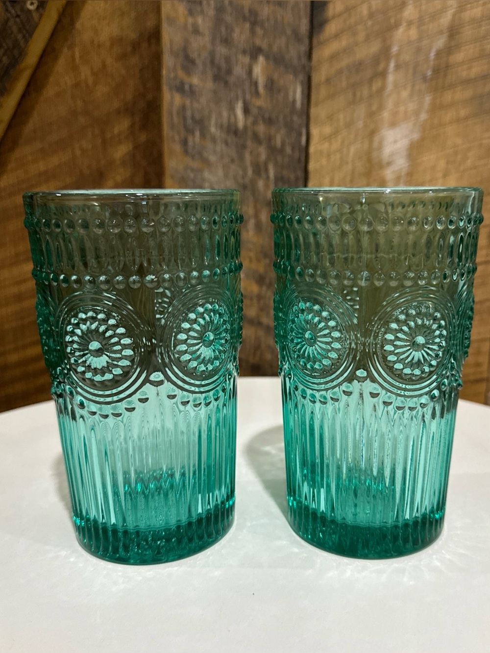 Pioneer Woman Adeline Blue/Teal Water Glass Tumblers 16 oz Heavy set of 2